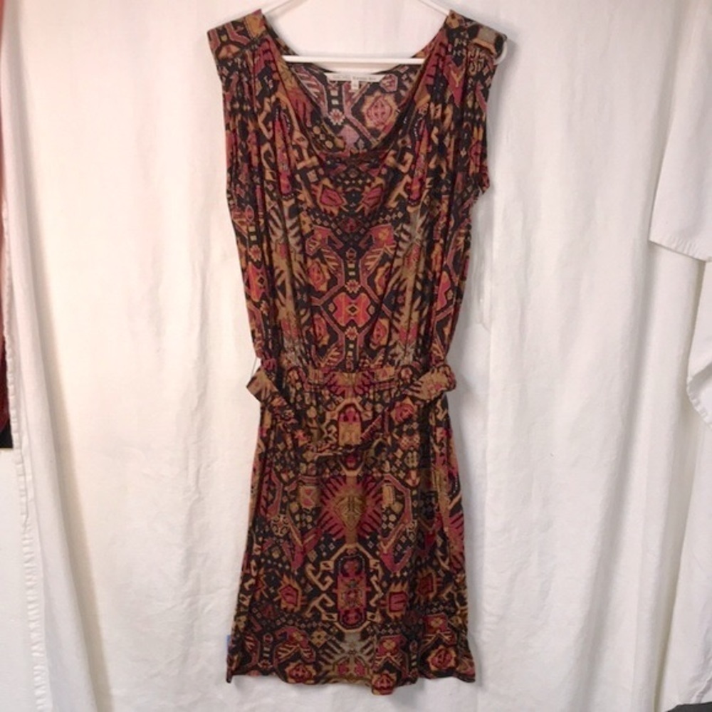 RACHEL Roy Women’s Dress  Size L Red Black Abstract Print Elastic Belt Stretchy